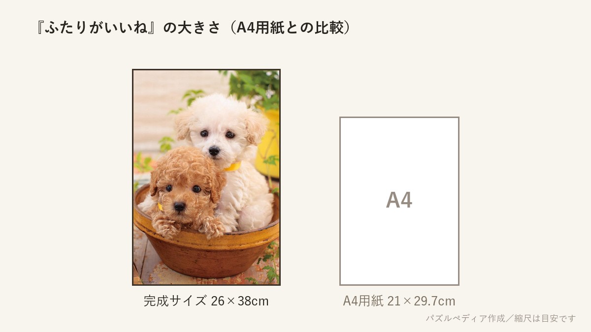 『ふたりがいいね』の完成サイズ(26×38cm)とA4用紙の大きさの比較図