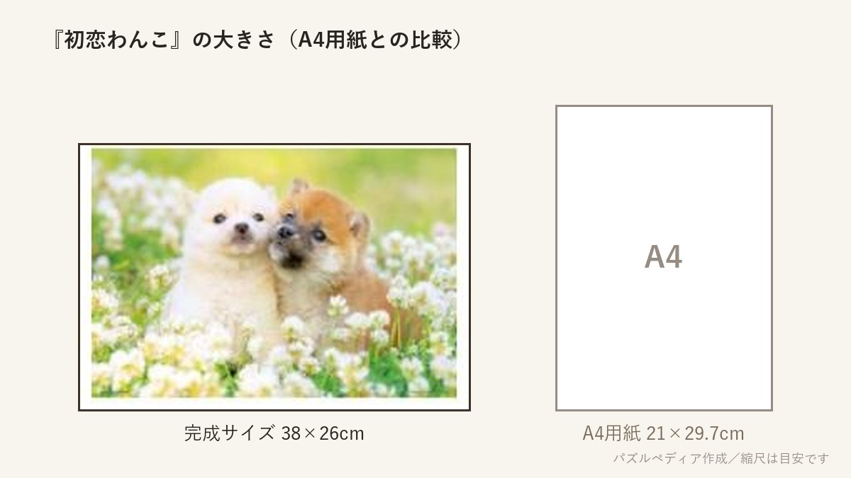 『初恋わんこ』の完成サイズ(38×26cm)とA4用紙の大きさの比較図