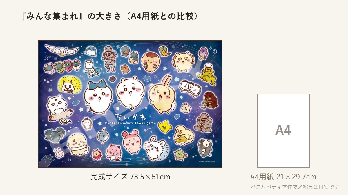『みんな集まれ』の完成サイズ(73.5×51cm)とA4用紙の大きさの比較図