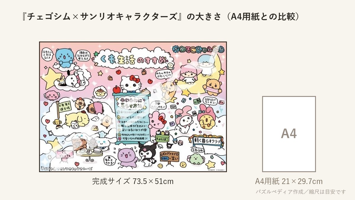 『チェゴシム×サンリオキャラクターズ』の完成サイズ(73.5×51cm)とA4用紙の大きさの比較図