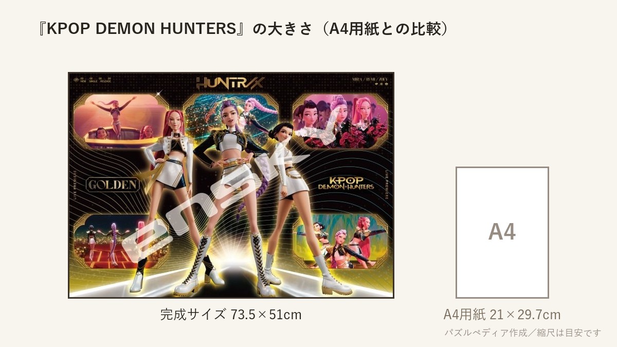 『KPOP DEMON HUNTERS』の完成サイズ(73.5×51cm)とA4用紙の大きさの比較図