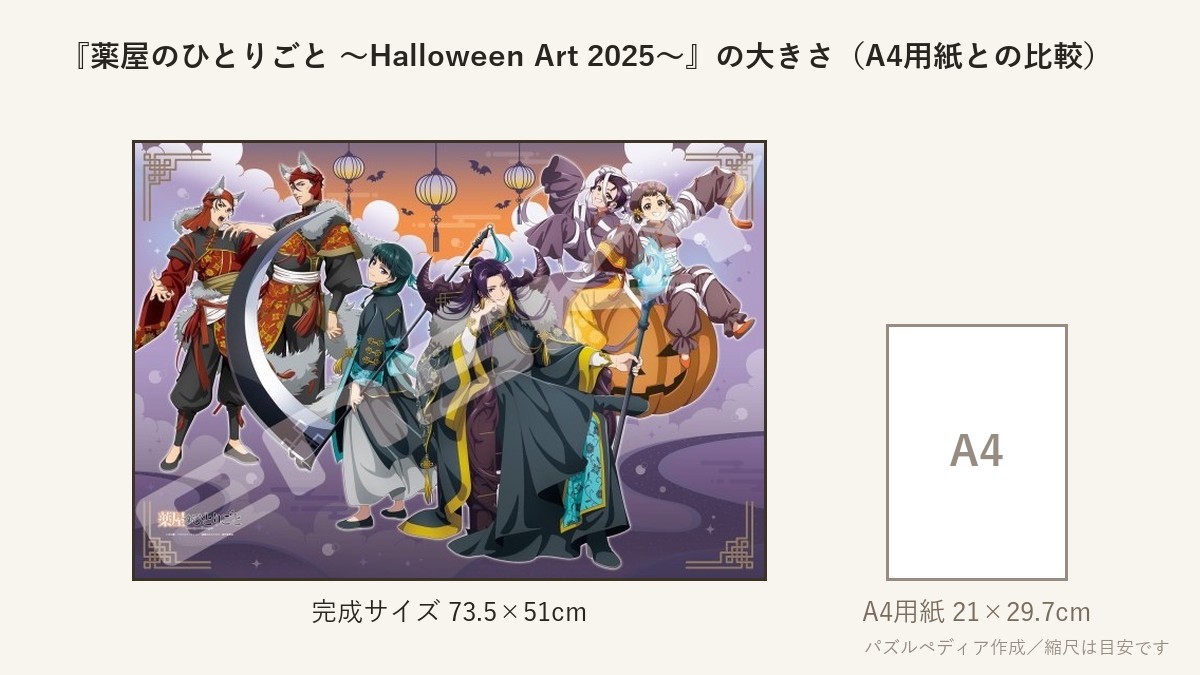 『薬屋のひとりごと 〜Halloween Art 2025〜』の完成サイズ(73.5×51cm)とA4用紙の大きさの比較図