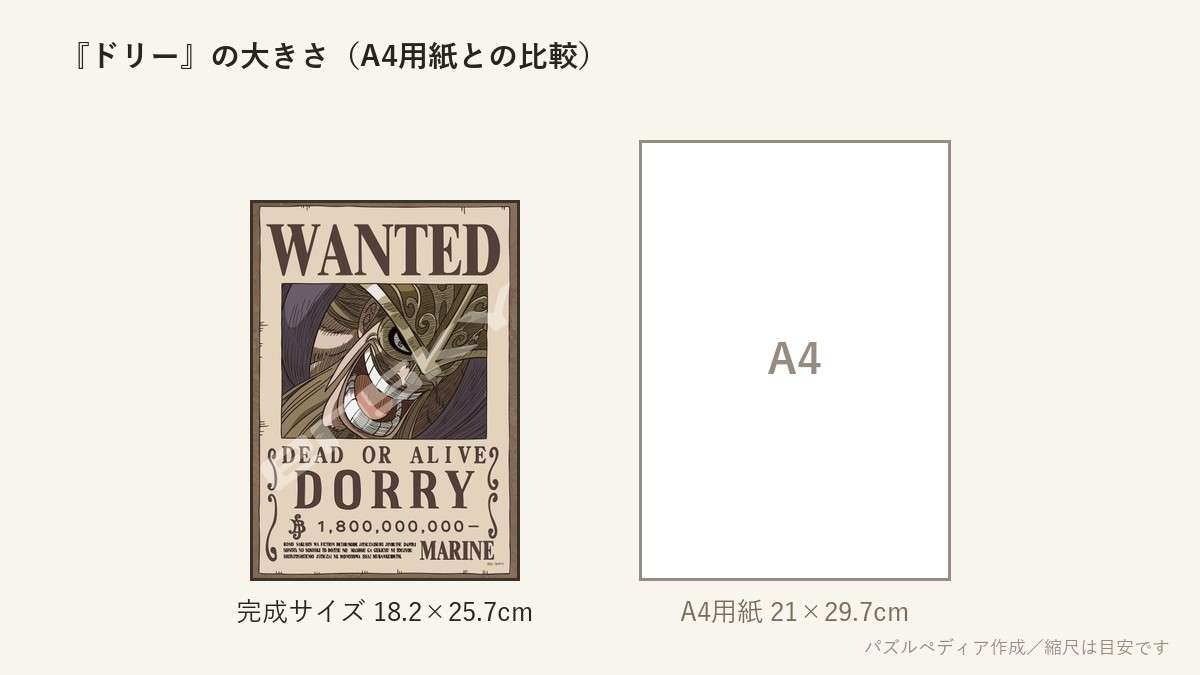 『ドリー』の完成サイズ（18.2×25.7cm）とA4用紙の大きさの比較図