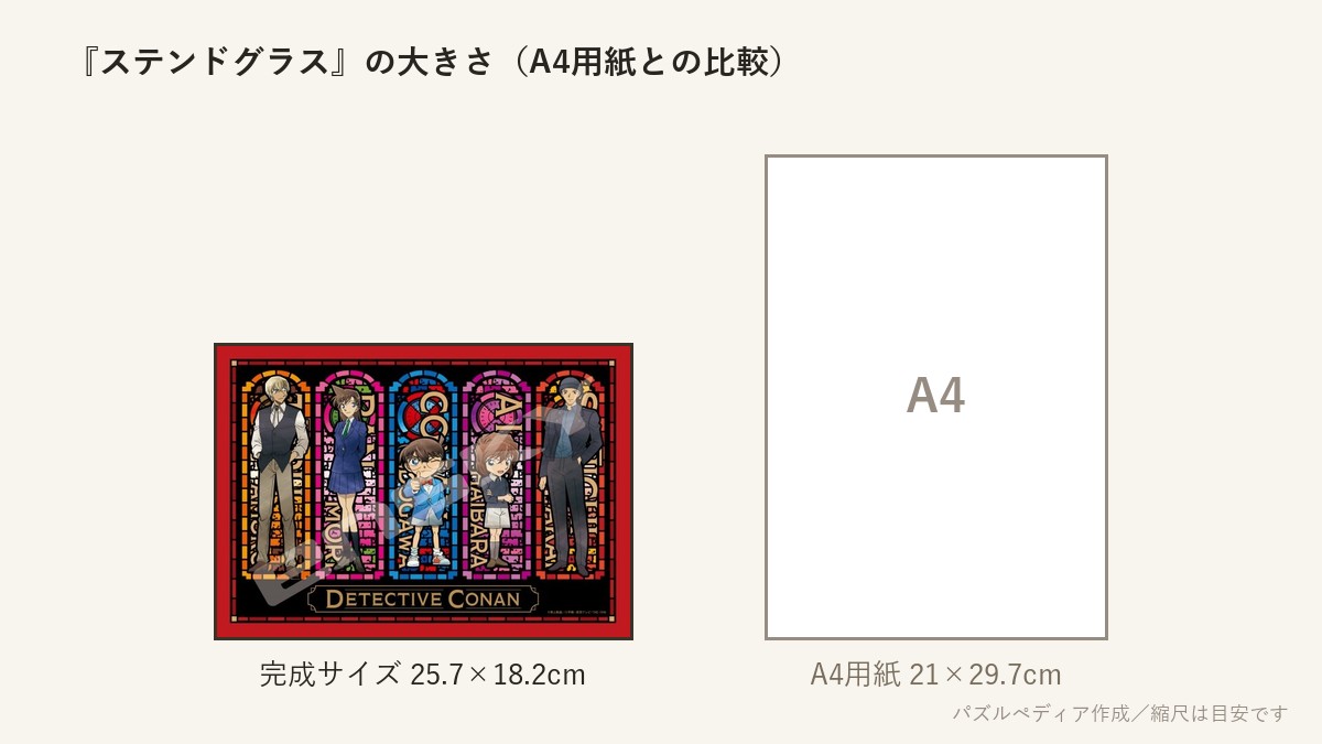 『ステンドグラス(ボルドー)』の完成サイズ（25.7×18.2cm）とA4用紙の大きさの比較図