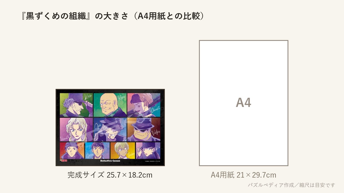 『黒ずくめの組織』の完成サイズ（25.7×18.2cm）とA4用紙の大きさの比較図