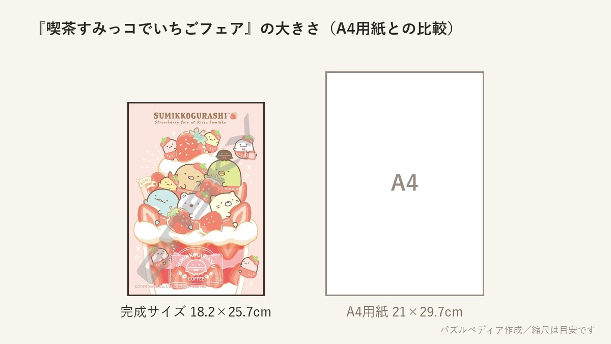 『喫茶すみっコでいちごフェア(パフェ)』の完成サイズ(18.2×25.7cm)とA4用紙の大きさの比較図