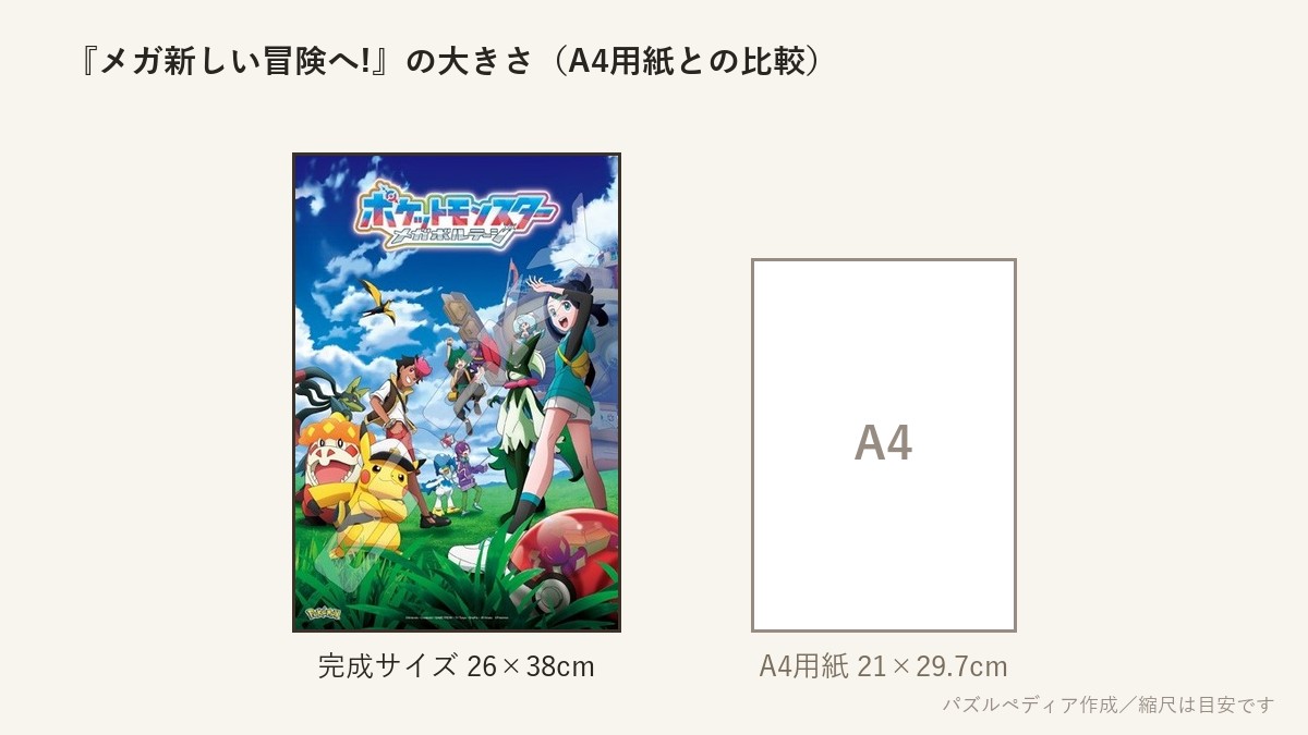 『メガ新しい冒険へ!(2)』の完成サイズ（26×38cm）とA4用紙の大きさの比較図