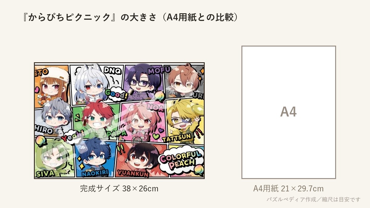 『からぴちピクニック(2)』の完成サイズ（38×26cm）とA4用紙の大きさの比較図