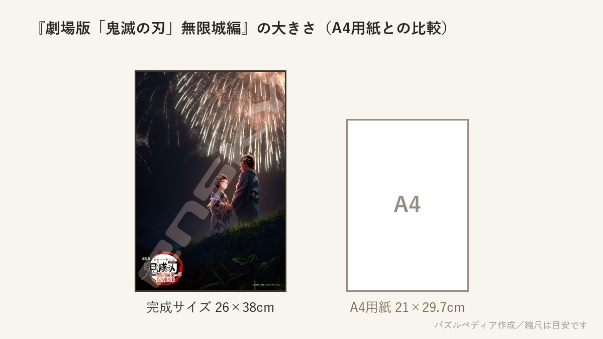 『劇場版「鬼滅の刃」無限城編(4)-B柄』の完成サイズ（26×38cm）とA4用紙の大きさの比較図