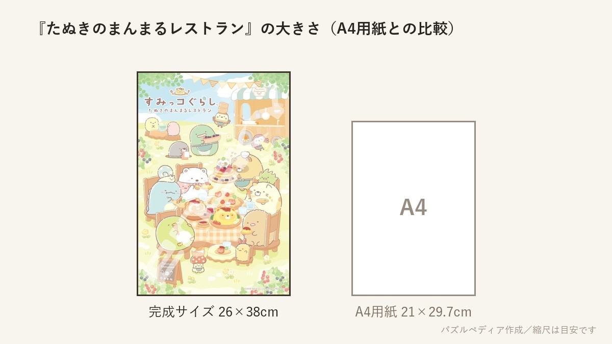 『たぬきのまんまるレストラン』の完成サイズ（26×38cm）とA4用紙の大きさの比較図