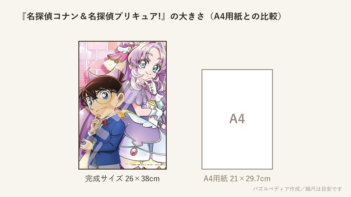 『名探偵コナン＆名探偵プリキュア!』の完成サイズ（26×38cm）とA4用紙の大きさの比較図