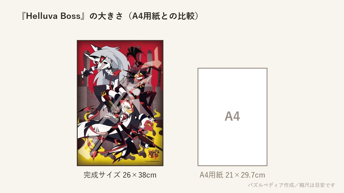 『Helluva Boss』の完成サイズ（26×38cm）とA4用紙の大きさの比較図