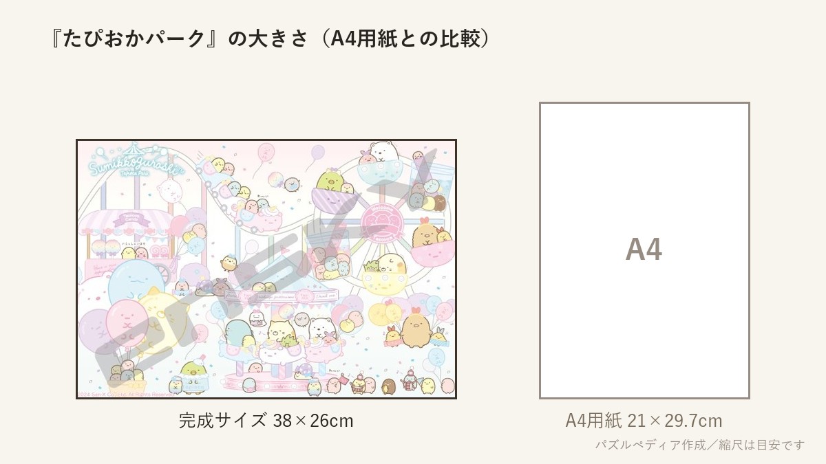 『たぴおかパーク(遊園地)』の完成サイズ(38×26cm)とA4用紙の大きさの比較図