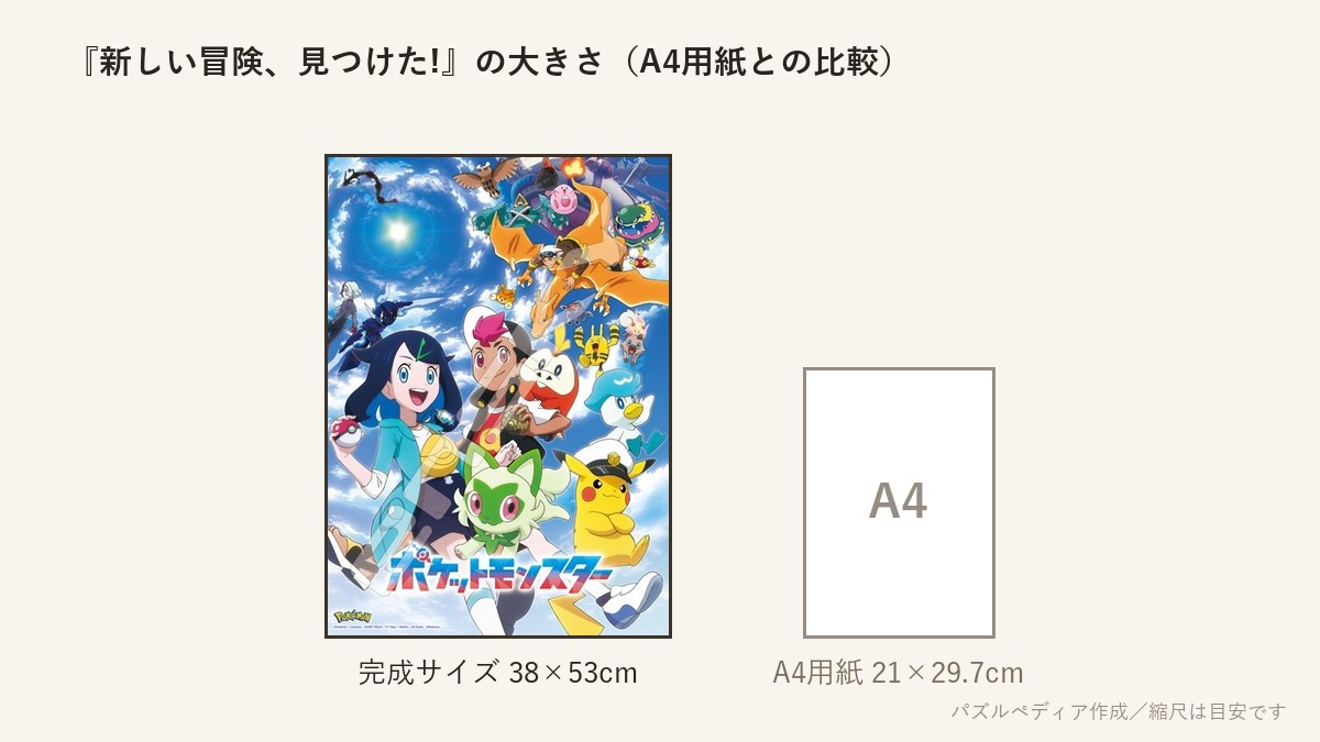 『新しい冒険、見つけた!』の完成サイズ(38×53cm)とA4用紙の大きさの比較図