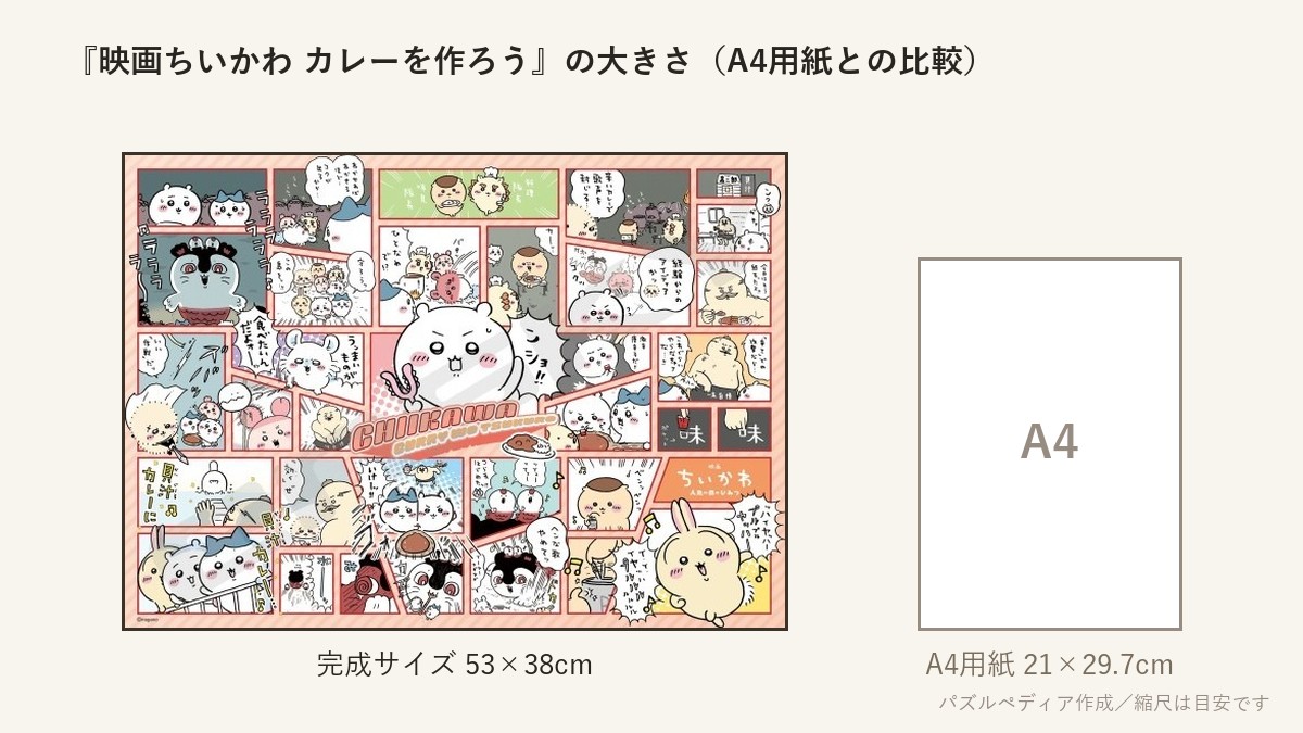 『映画ちいかわ カレーを作ろう』の完成サイズ（53×38cm）とA4用紙の大きさの比較図