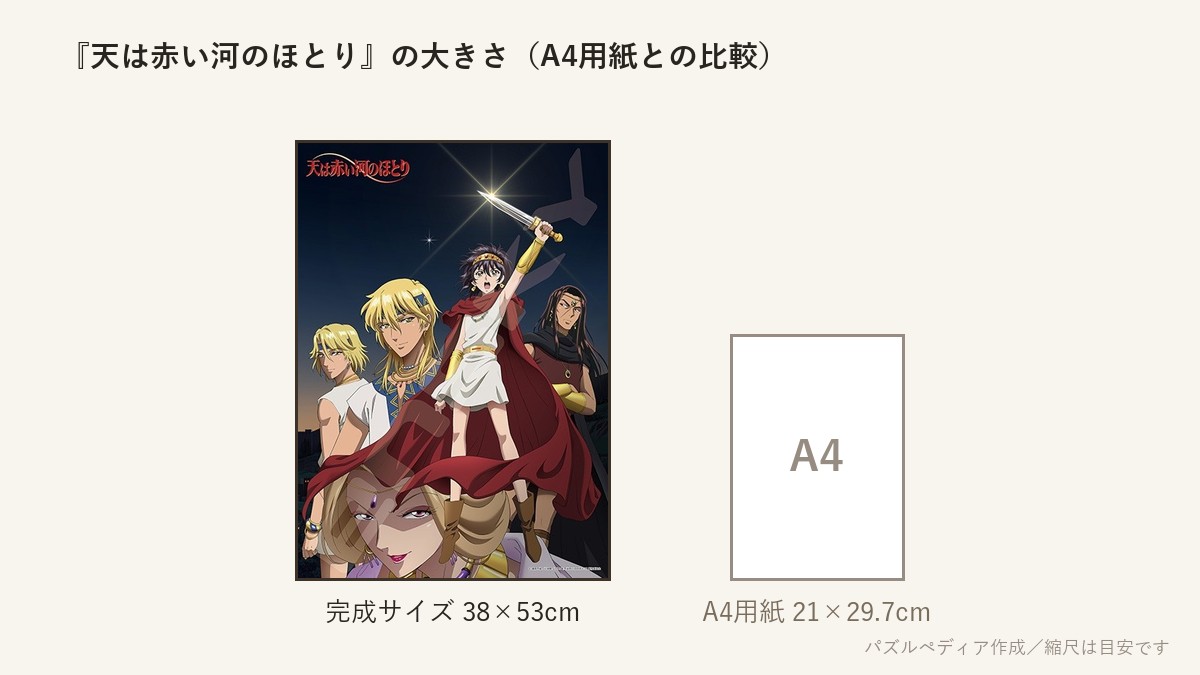 『天は赤い河のほとり』の完成サイズ(38×53cm)とA4用紙の大きさの比較図