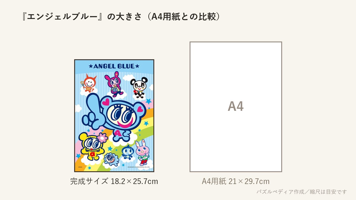 『エンジェルブルー』の完成サイズ(18.2×25.7cm)とA4用紙の大きさの比較図