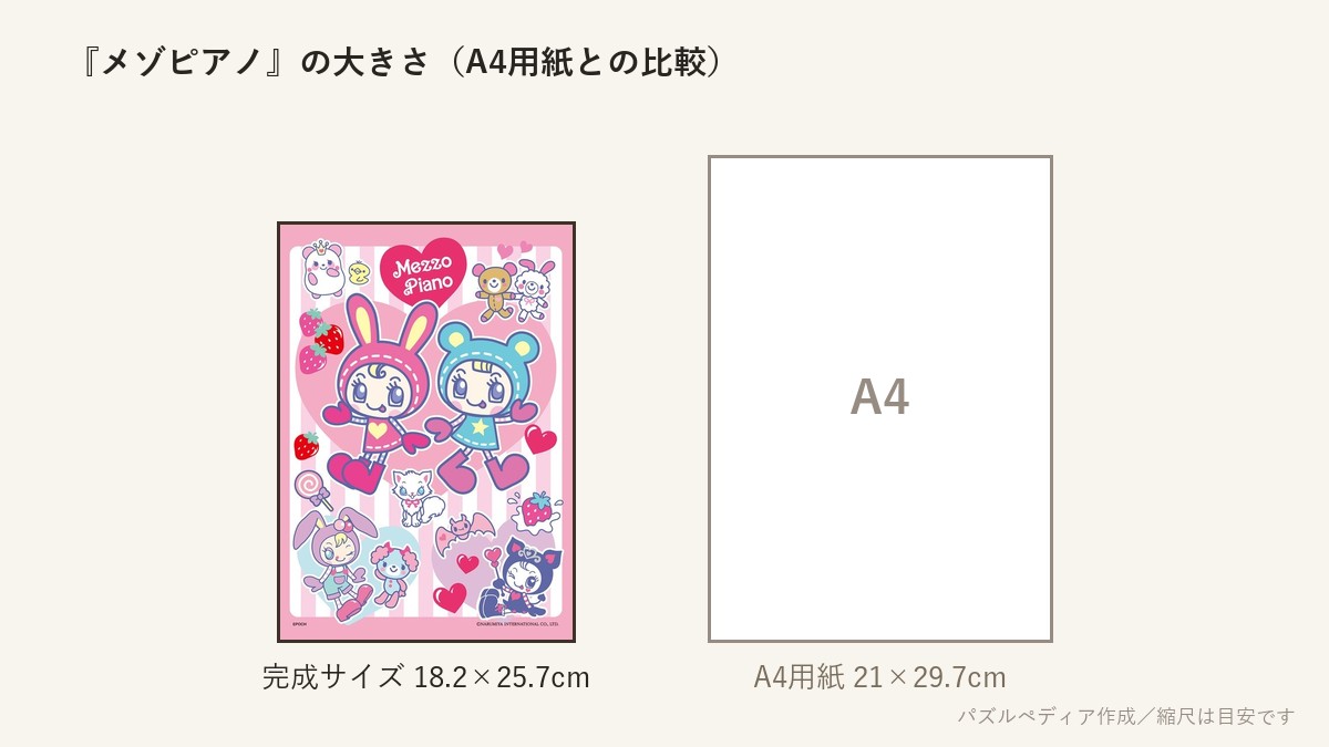 『メゾピアノ』の完成サイズ(18.2×25.7cm)とA4用紙の大きさの比較図