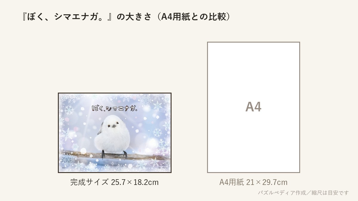 『ぼく、シマエナガ。』の完成サイズ（25.7×18.2cm）とA4用紙の大きさの比較図