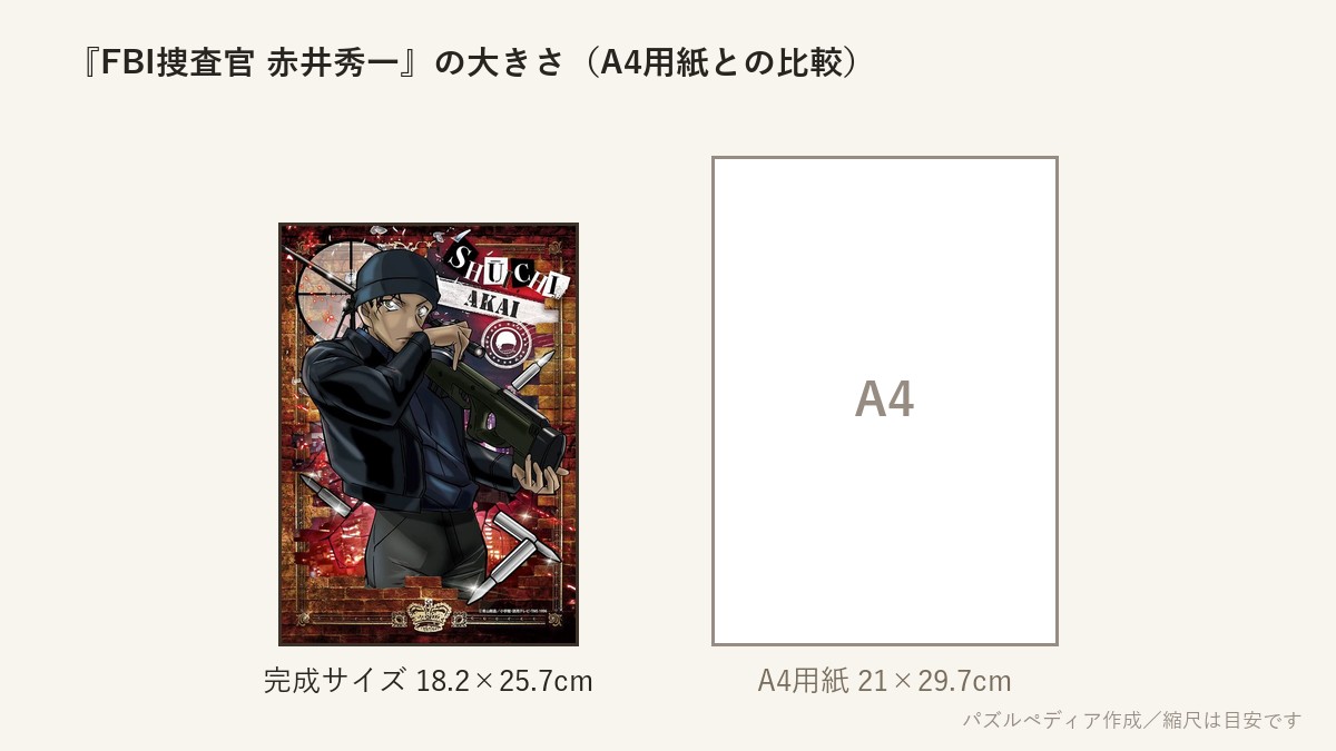 『FBI捜査官 赤井秀一』の完成サイズ(18.2×25.7cm)とA4用紙の大きさの比較図