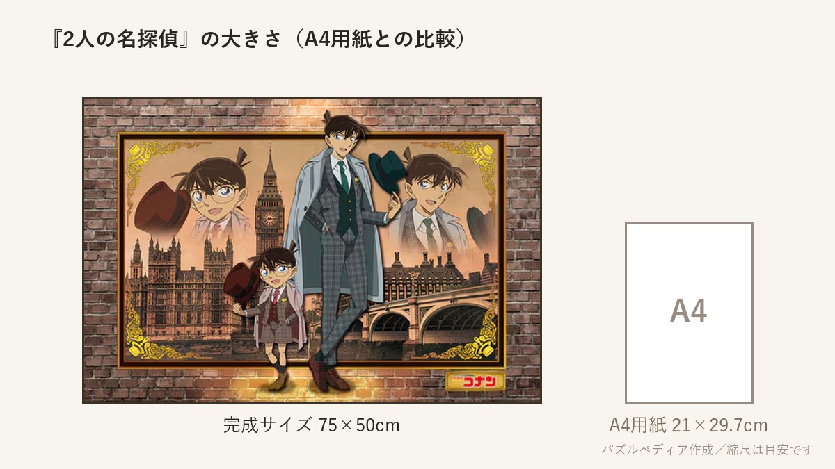 『2人の名探偵』の完成サイズ（75×50cm）とA4用紙の大きさの比較図