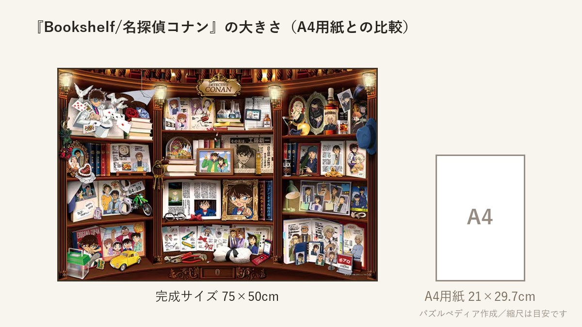 『Bookshelf/名探偵コナン』の完成サイズ(75×50cm)とA4用紙の大きさの比較図