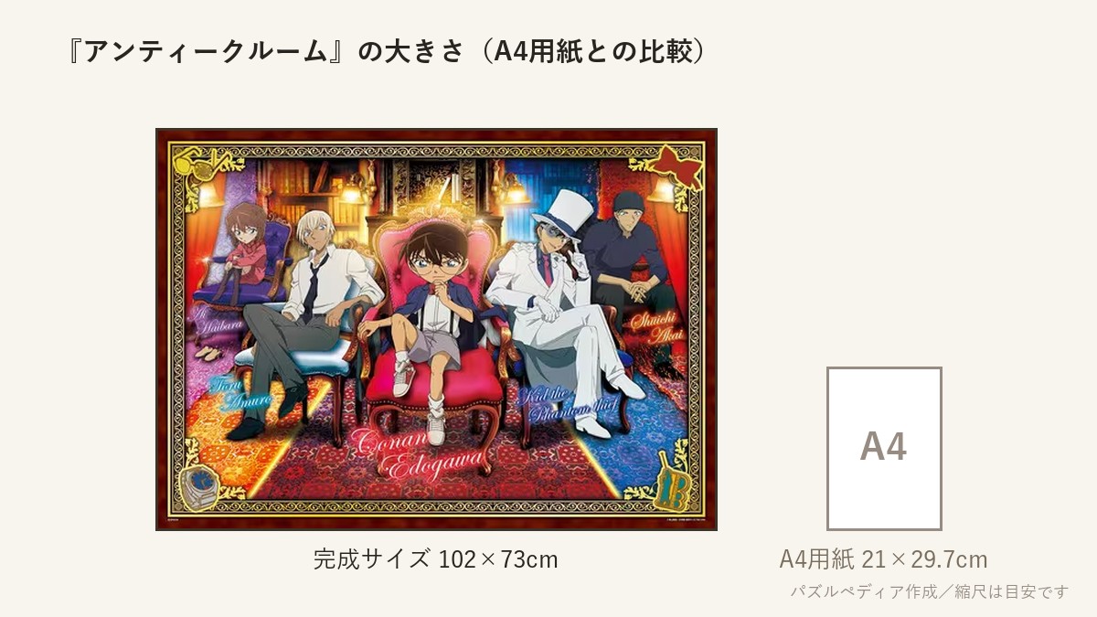 『アンティークルーム』の完成サイズ(102×73cm)とA4用紙の大きさの比較図