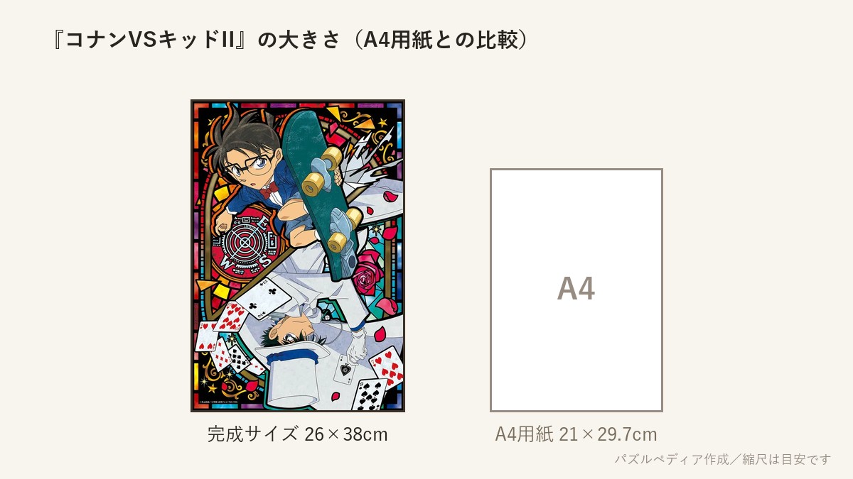 『コナンVSキッドII』の完成サイズ(26×38cm)とA4用紙の大きさの比較図