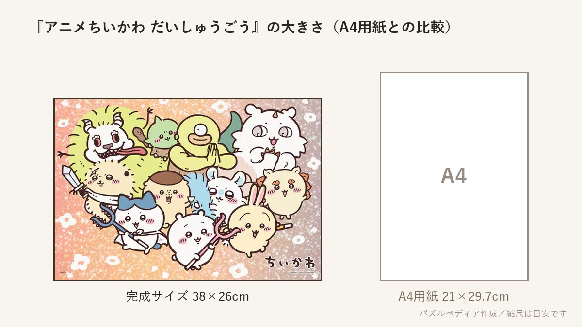 『アニメちいかわ だいしゅうごう』の完成サイズ(38×26cm)とA4用紙の大きさの比較図