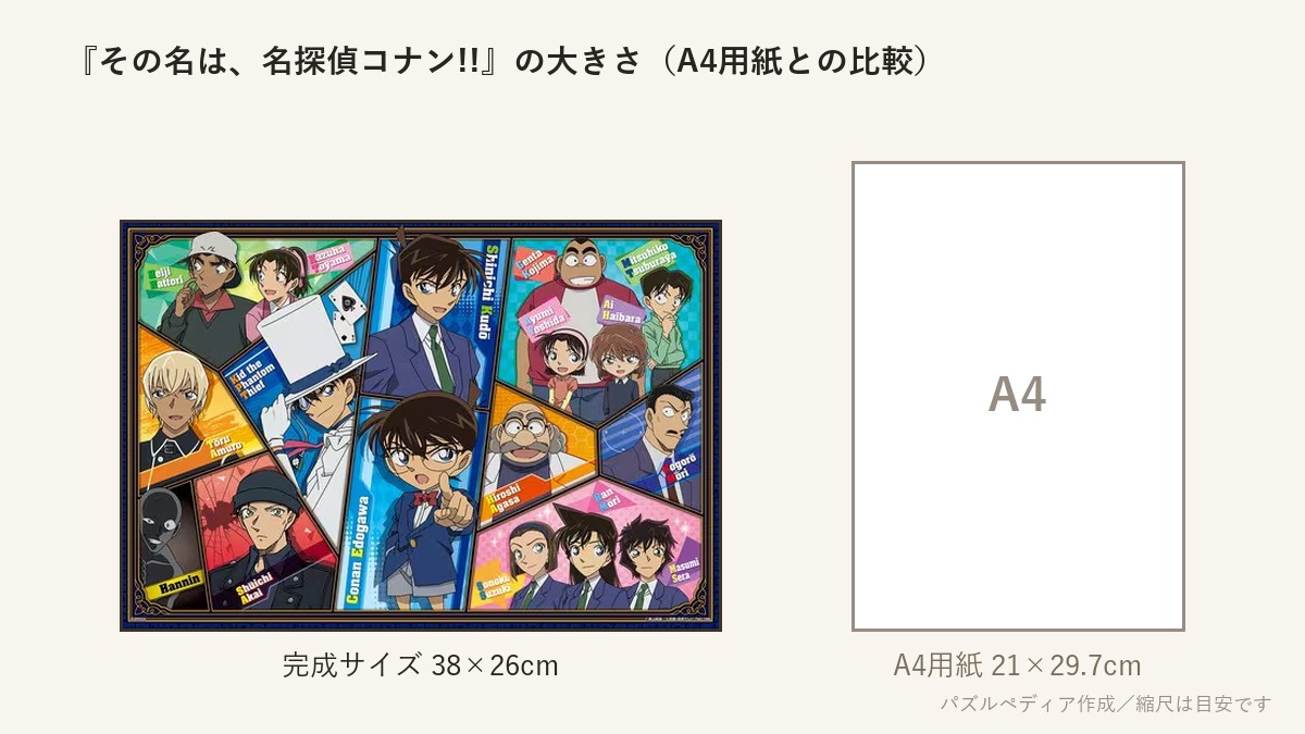 『その名は、名探偵コナン!!』の完成サイズ(38×26cm)とA4用紙の大きさの比較図