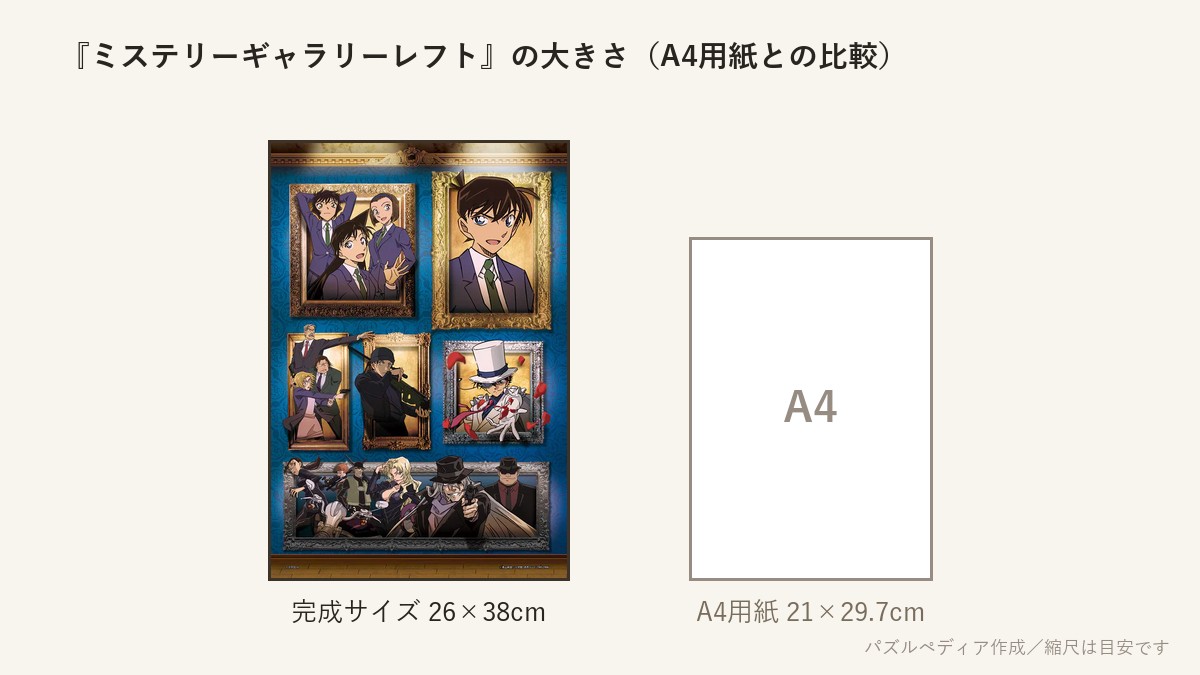 『ミステリーギャラリーレフト』の完成サイズ（26×38cm）とA4用紙の大きさの比較図
