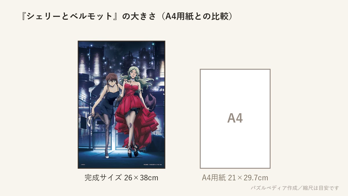 『シェリーとベルモット』の完成サイズ(26×38cm)とA4用紙の大きさの比較図