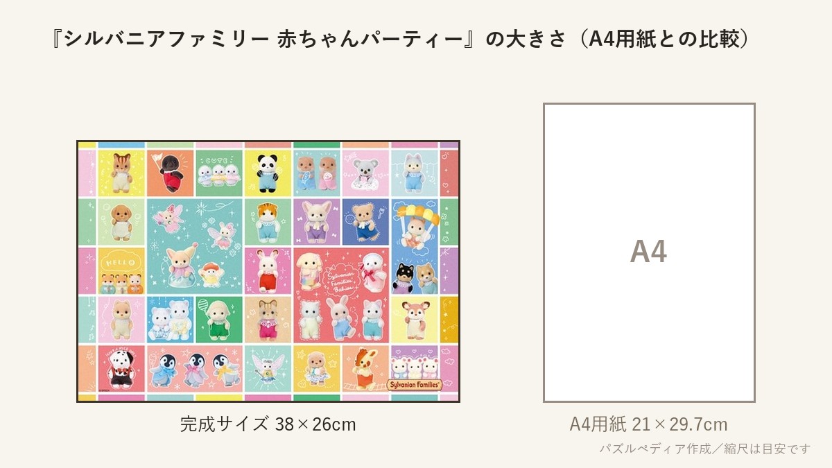 『シルバニアファミリー 赤ちゃんパーティー』の完成サイズ(38×26cm)とA4用紙の大きさの比較図