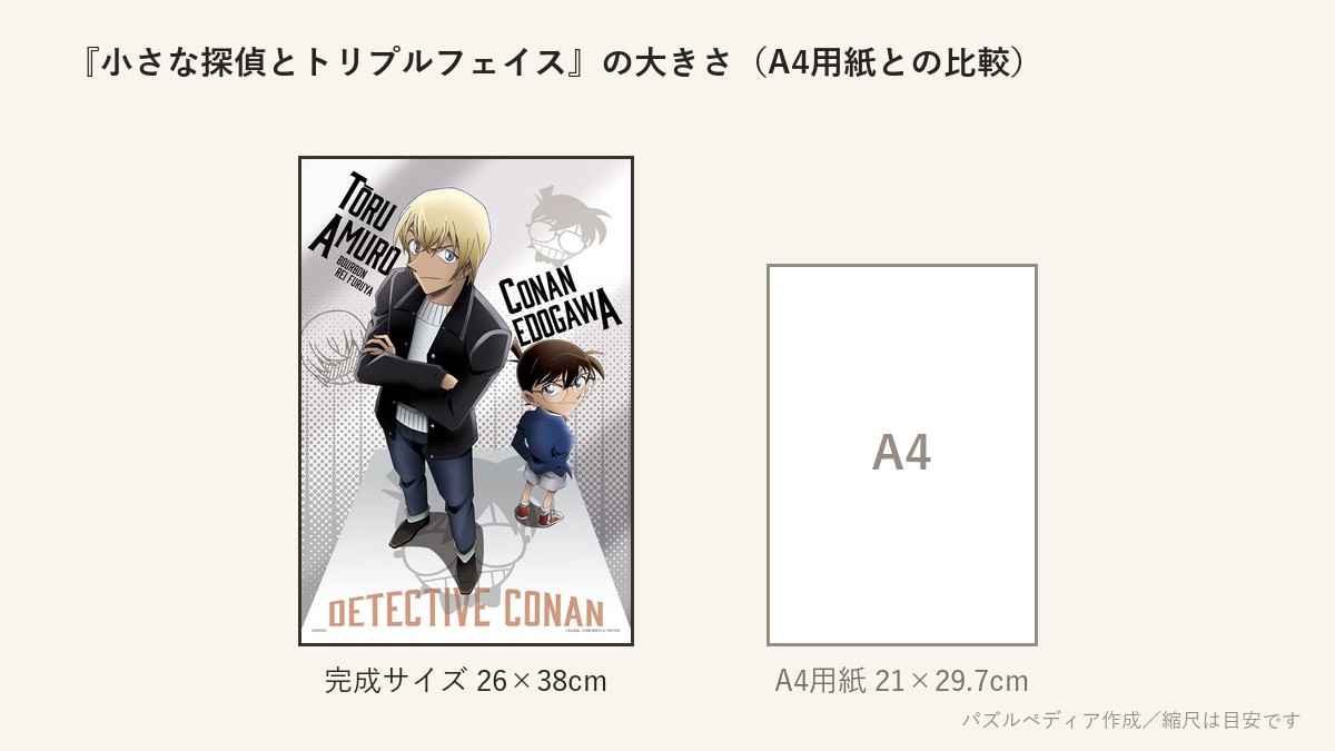 『小さな探偵とトリプルフェイス』の完成サイズ（26×38cm）とA4用紙の大きさの比較図