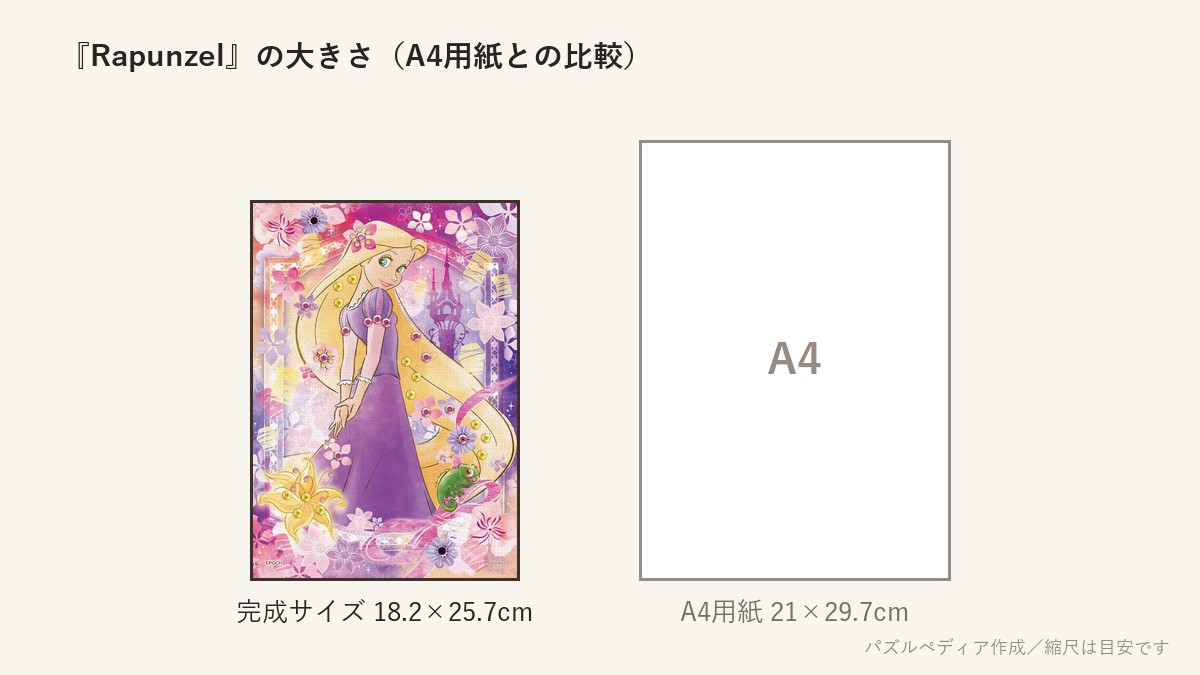 『Rapunzel (ラプンツェル)–Glowing Hair-』の完成サイズ(18.2×25.7cm)とA4用紙の大きさの比較図