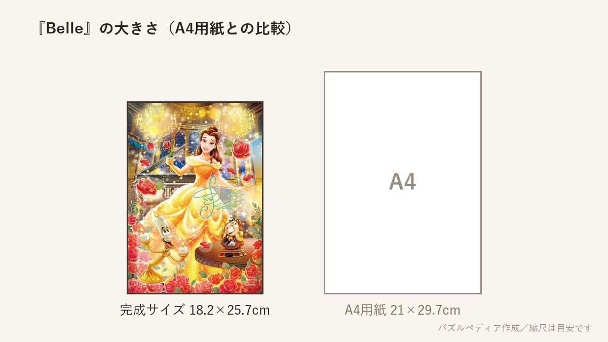 『Belle(ベル) -Enchanted Rose-』の完成サイズ(18.2×25.7cm)とA4用紙の大きさの比較図