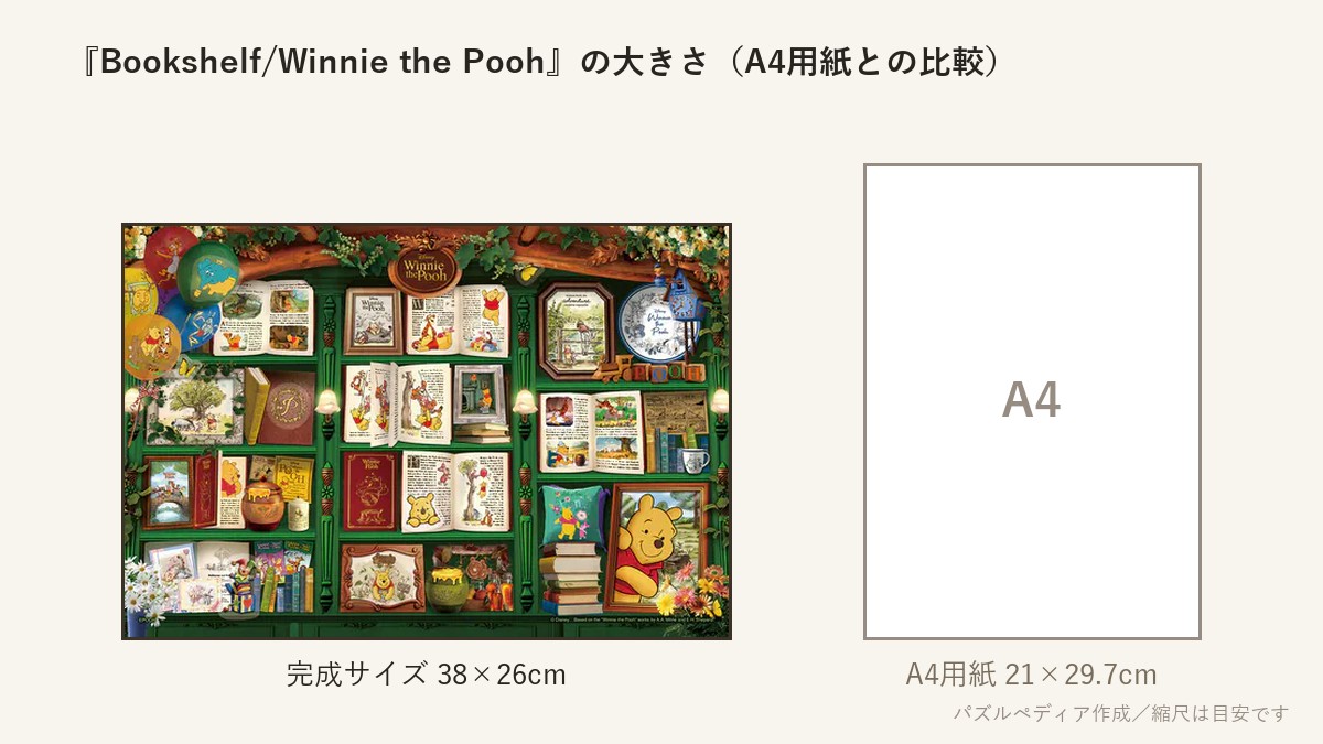 『Bookshelf/Winnie the Pooh(ブックシェルフ/くまのプーさん)』の完成サイズ(38×26cm)とA4用紙の大きさの比較図