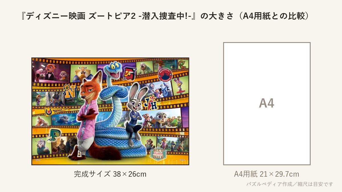 『ディズニー映画 ズートピア2 -潜入捜査中!-』の完成サイズ(38×26cm)とA4用紙の大きさの比較図