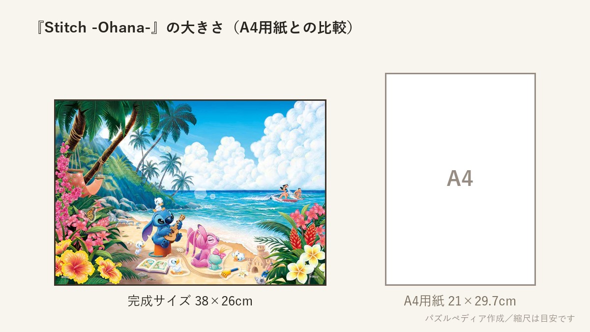 『Stitch -Ohana- (スティッチ -オハナ-)』の完成サイズ(38×26cm)とA4用紙の大きさの比較図