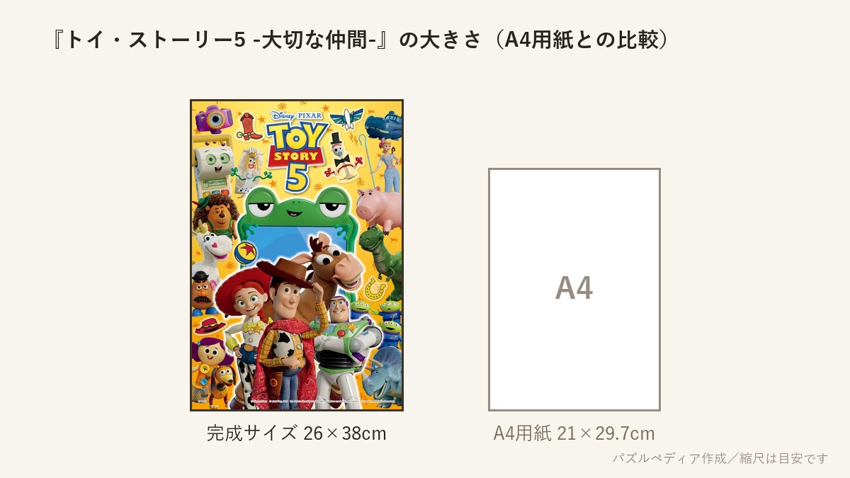 『トイ・ストーリー5 -大切な仲間-』の完成サイズ(26×38cm)とA4用紙の大きさの比較図