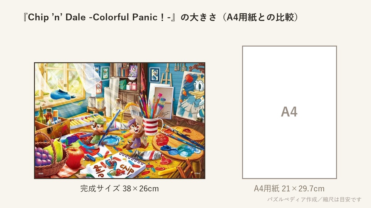 『Chip ’n’ Dale -Colorful Panic!-(チップとデール -カラフルパニック!-』の完成サイズ(38×26cm)とA4用紙の大きさの比較図