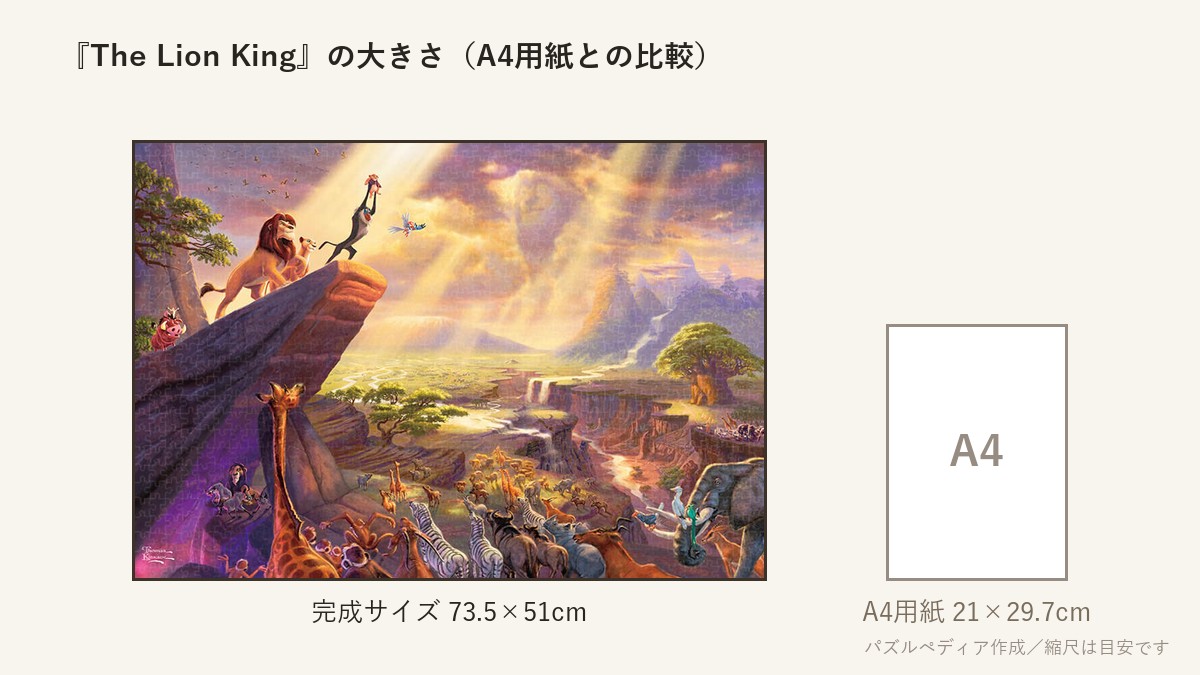 『The Lion King』の完成サイズ(73.5×51cm)とA4用紙の大きさの比較図