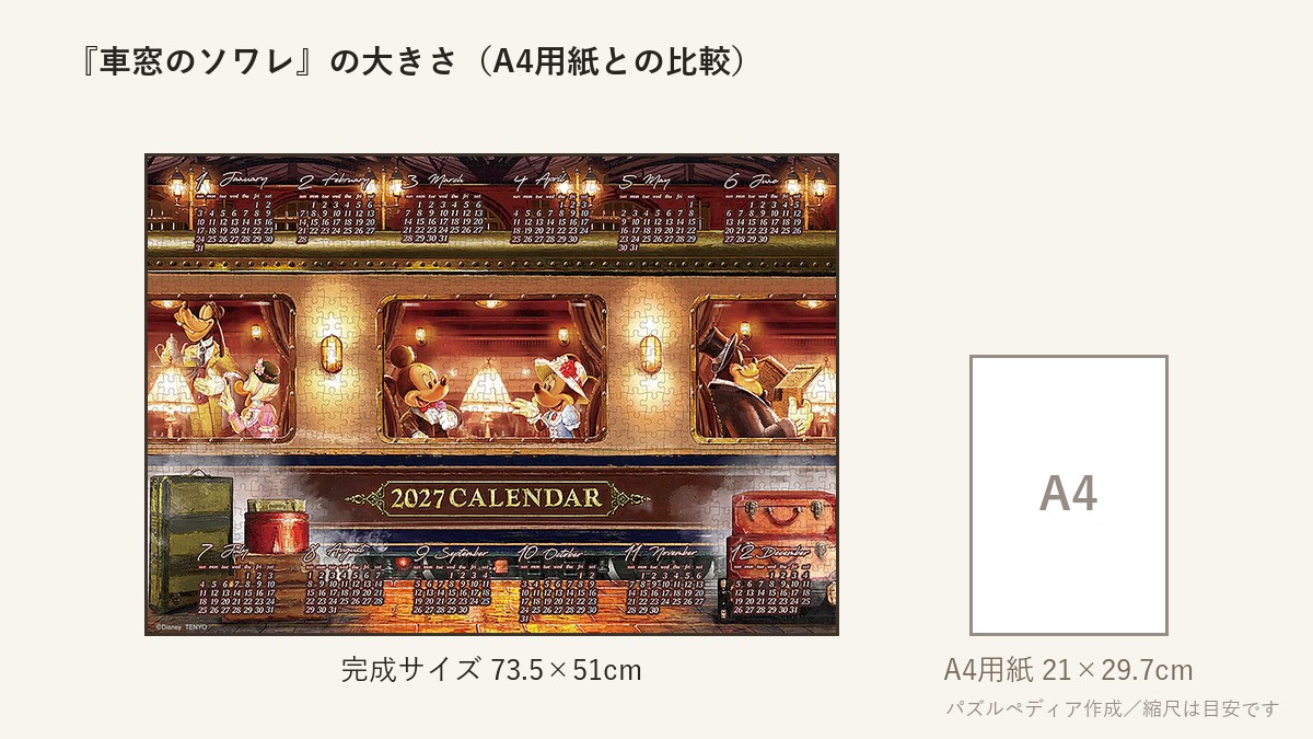 『車窓のソワレ（2027年カレンダー ジグソーパズル)』の完成サイズ（73.5×51cm）とA4用紙の大きさの比較図