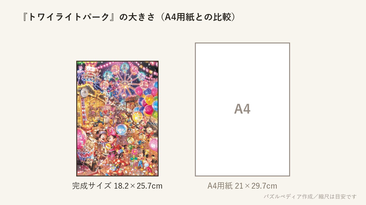 『トワイライトパーク』の完成サイズ(18.2×25.7cm)とA4用紙の大きさの比較図