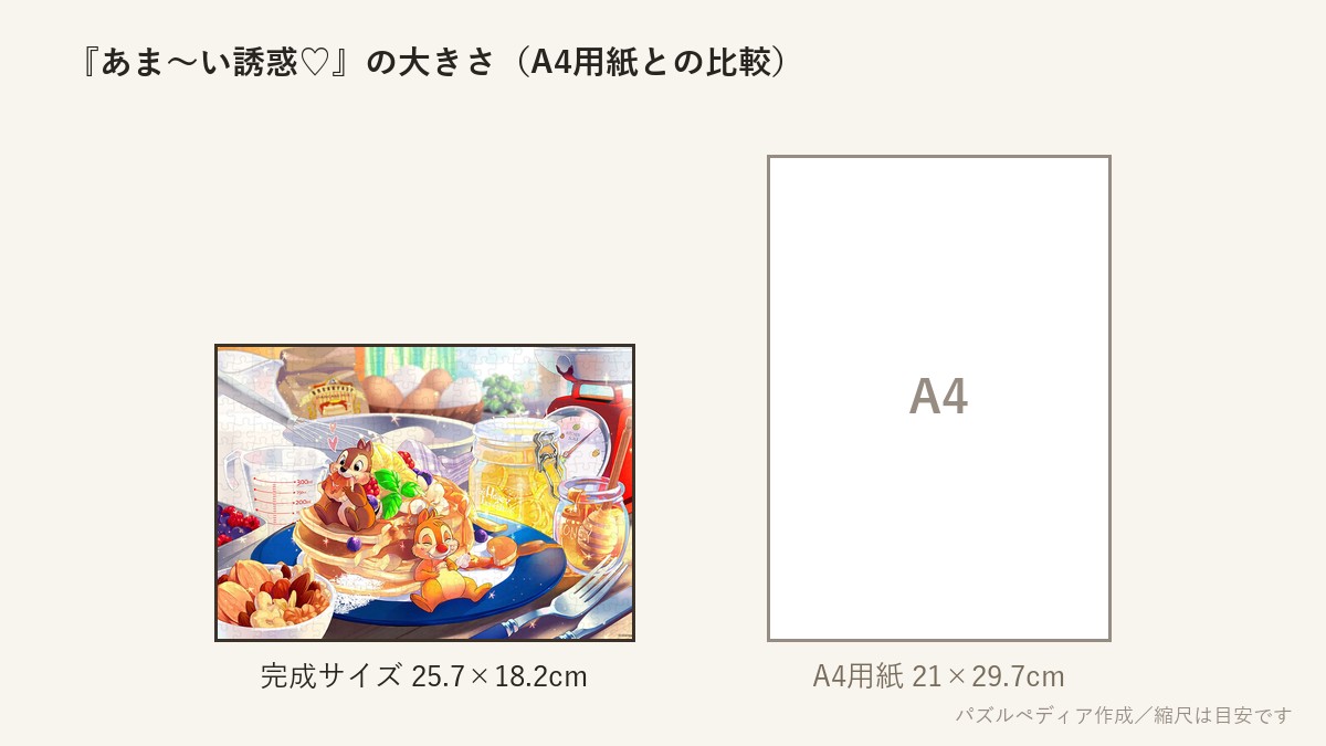 『あま〜い誘惑♡』の完成サイズ(25.7×18.2cm)とA4用紙の大きさの比較図