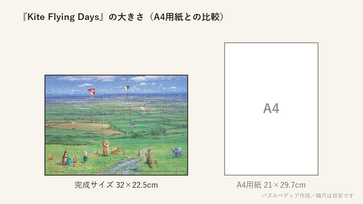 『Kite Flying Days』の完成サイズ(32×22.5cm)とA4用紙の大きさの比較図