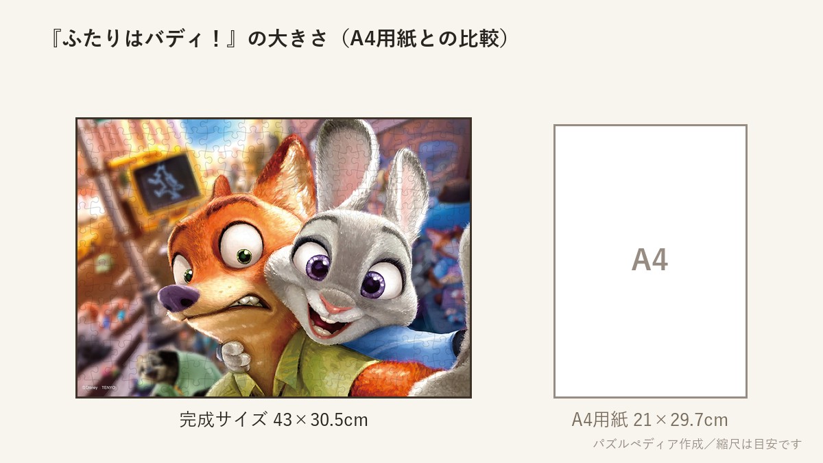 『ふたりはバディ！（ズートピア）』の完成サイズ（43×30.5cm）とA4用紙の大きさの比較図