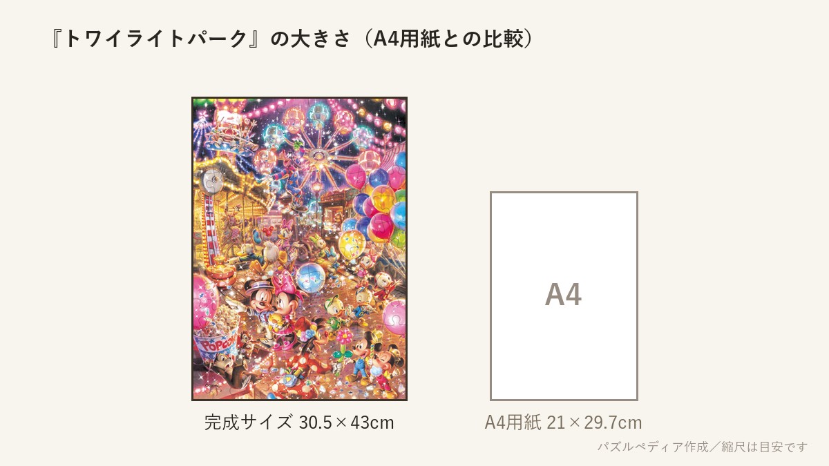 『トワイライトパーク』の完成サイズ(30.5×43cm)とA4用紙の大きさの比較図