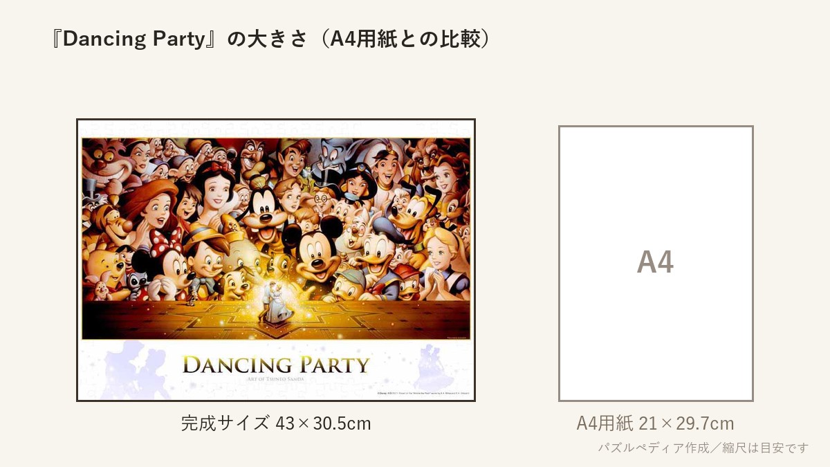 『Dancing Party』の完成サイズ（43×30.5cm）とA4用紙の大きさの比較図