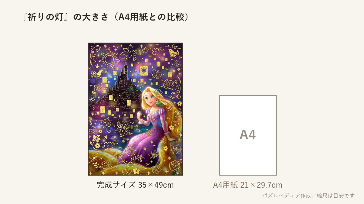 『祈りの灯(塔の上のラプンツェル)』の完成サイズ(35×49cm)とA4用紙の大きさの比較図